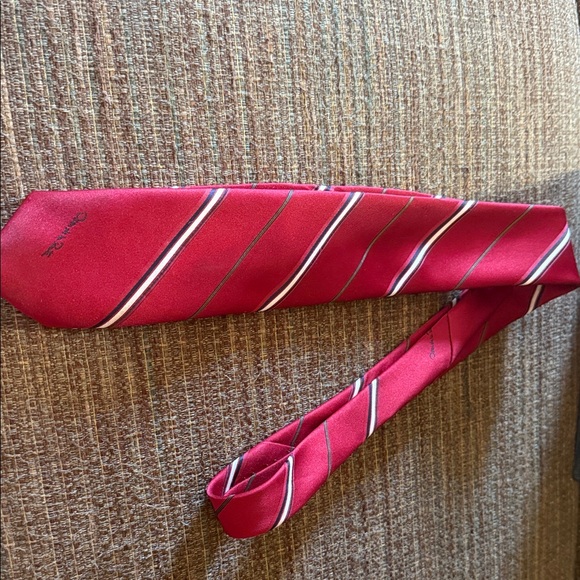 CHANEL Burgundy and White Striped Tie - Picture 1 of 1